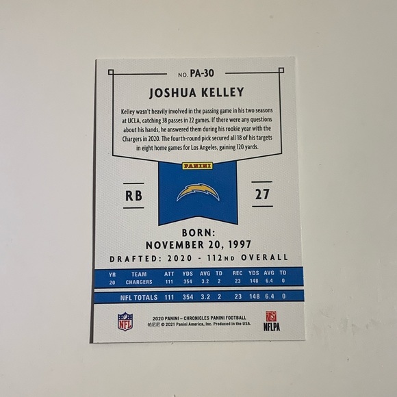 🏈 [5/$10] 2020 PANINI CHRONICLES PANINI #PA-30 JOSHUA KELLEY NFL TRADING CARD - Picture 2 of 2